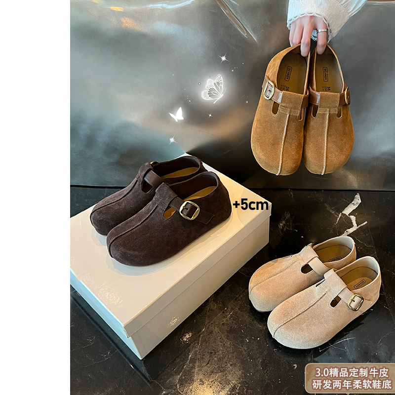 【A级磨砂牛皮】大叔家真皮厚底勃肯鞋2025秋女款包头半拖鞋外穿主图