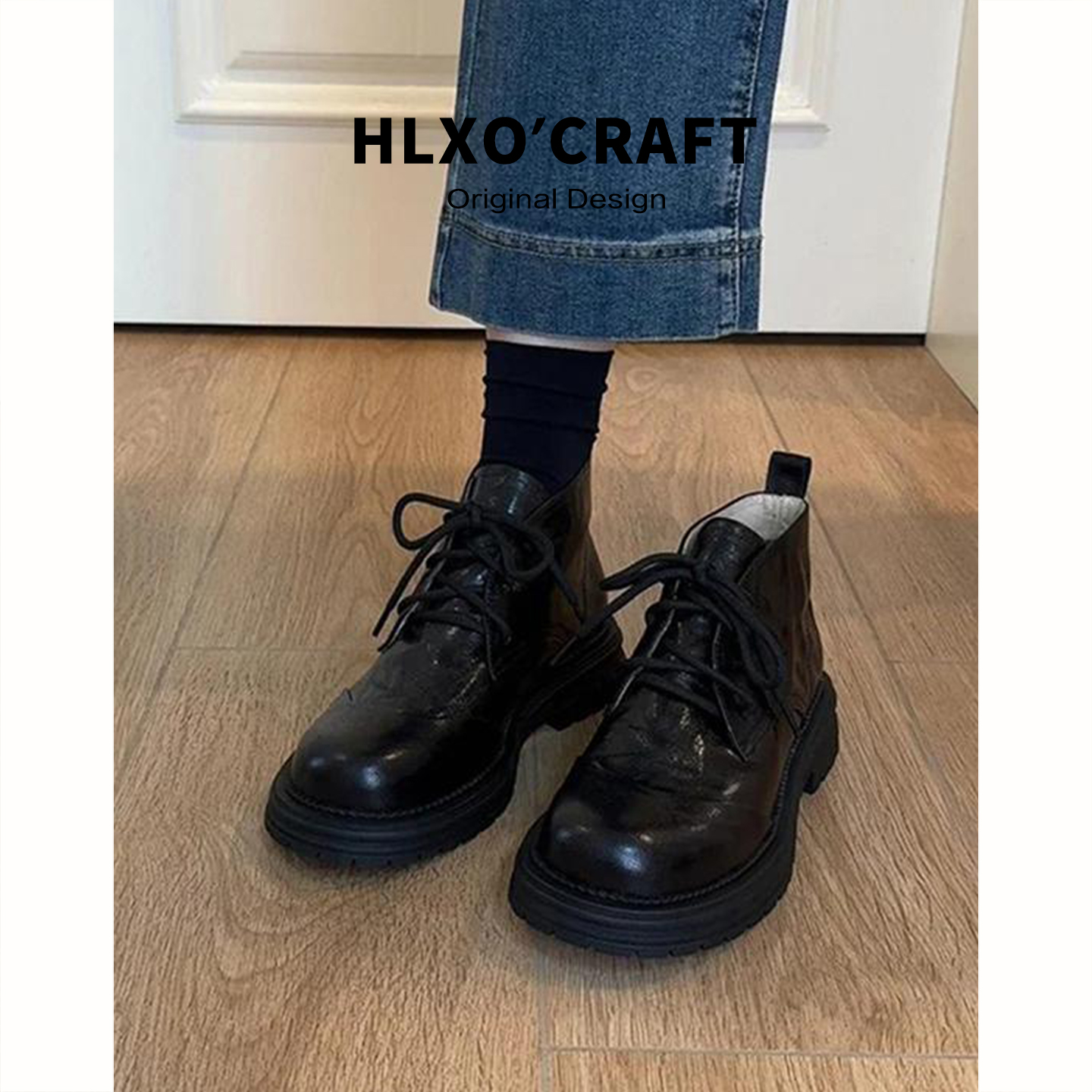 羊皮版~黑色马丁靴女2025秋冬新款百搭系带加绒短靴英伦风靴子女主图