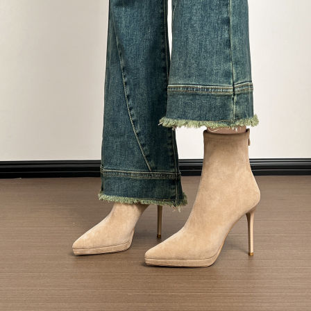 羊皮版~ 秋冬季裸色高跟鞋女细跟防水台厚底恨天高性感尖头短靴女