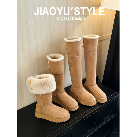 真皮~骄屿过膝雪地靴女加绒2025冬季新款厚底加厚保暖棉鞋长筒靴