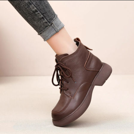 复古马丁靴女2025春季新款头层牛皮圆头显瘦矮帮软底系带低跟短靴