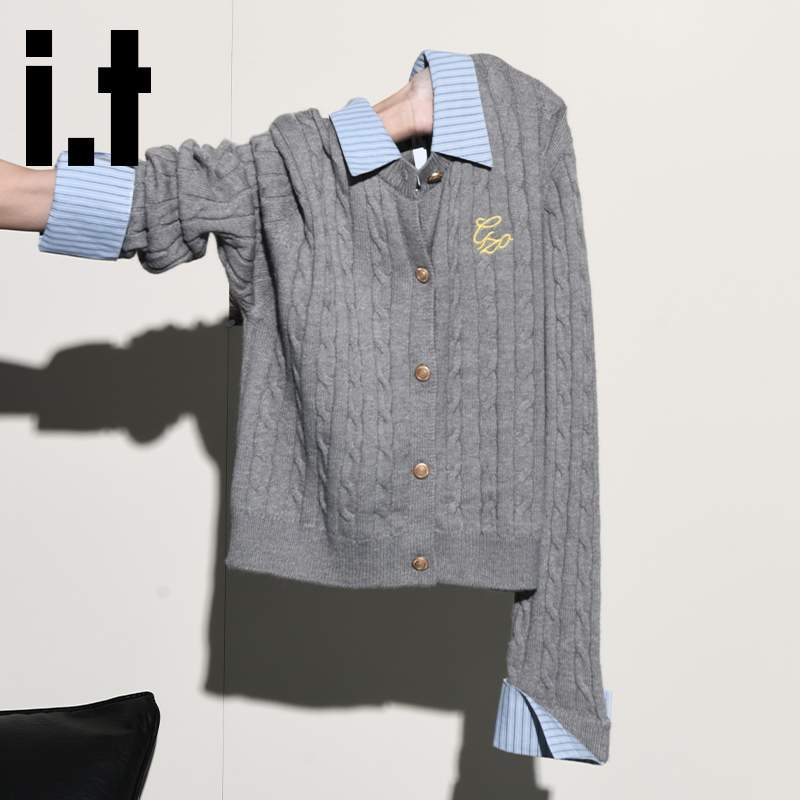 it:CHOCOOLATE 韩系灰色假两件POLO针织衫女秋经典麻花纹显瘦毛衣主图