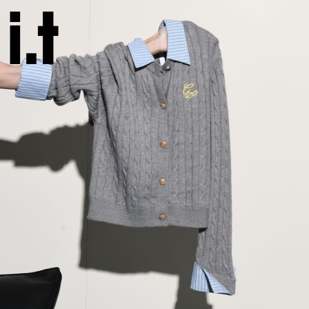 it:CHOCOOLATE 韩系灰色假两件POLO针织衫女秋经典麻花纹显瘦毛衣