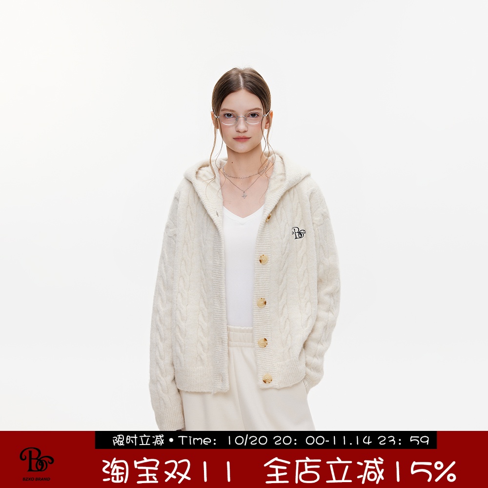 BZXO原创刺绣羊毛麻花毛衣女秋冬新款慵懒风宽松连帽针织开衫外套主图