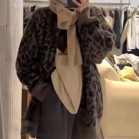 复古豹纹保暖毛衣外套女秋冬宽松慵懒风高级感中长款小众针织开衫