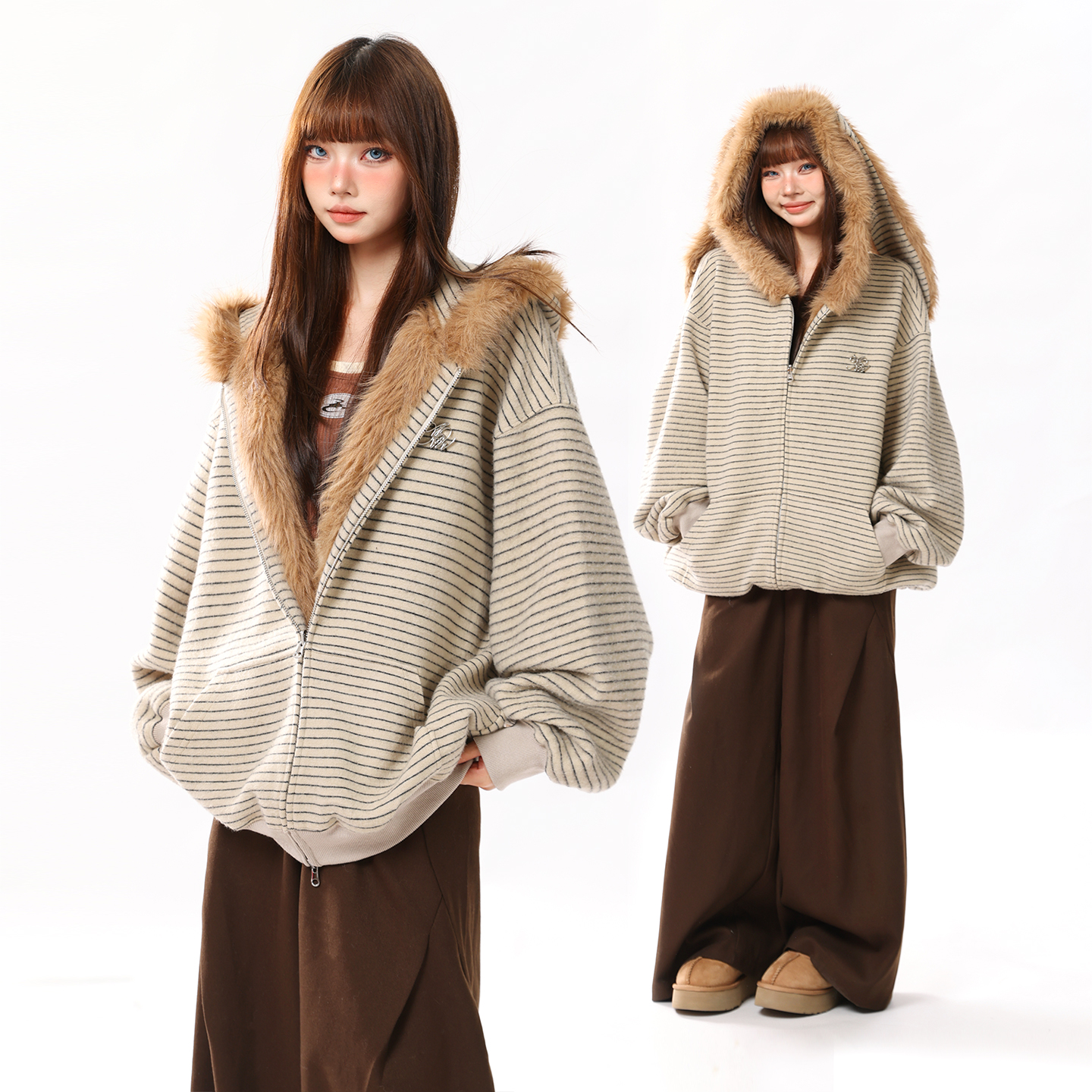 AONW秋冬新款美式潮牌条纹兔耳加绒开衫卫衣女连帽情侣毛领厚外套主图