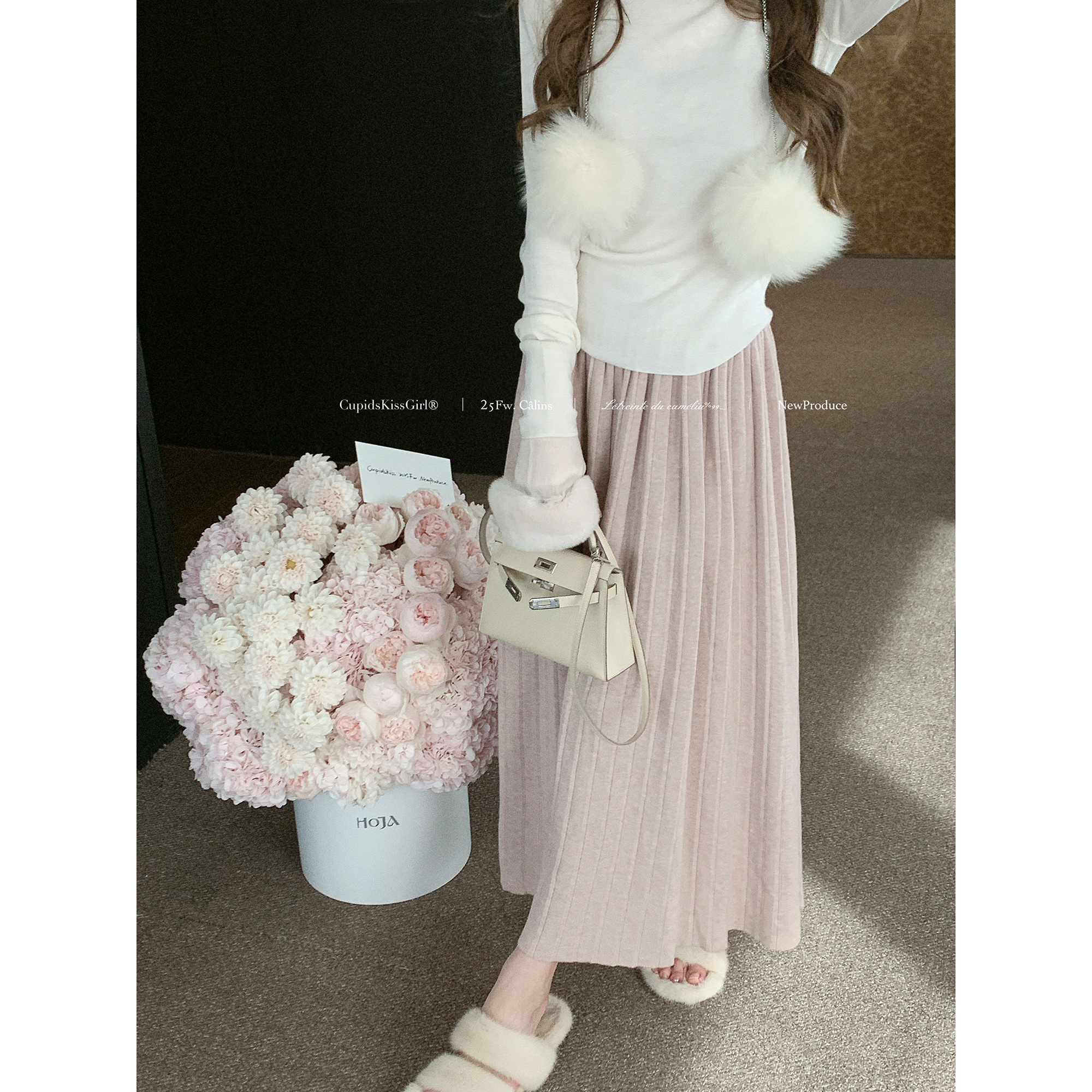 csk丘比特“温柔执意” 高克重30羊毛显瘦百褶半身裙针织纯色长裙主图