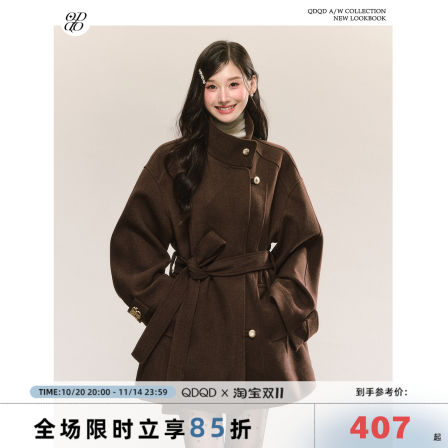 QDQD 复古高级感立领毛呢外套秋冬新款系带收腰显瘦气质棕色大衣