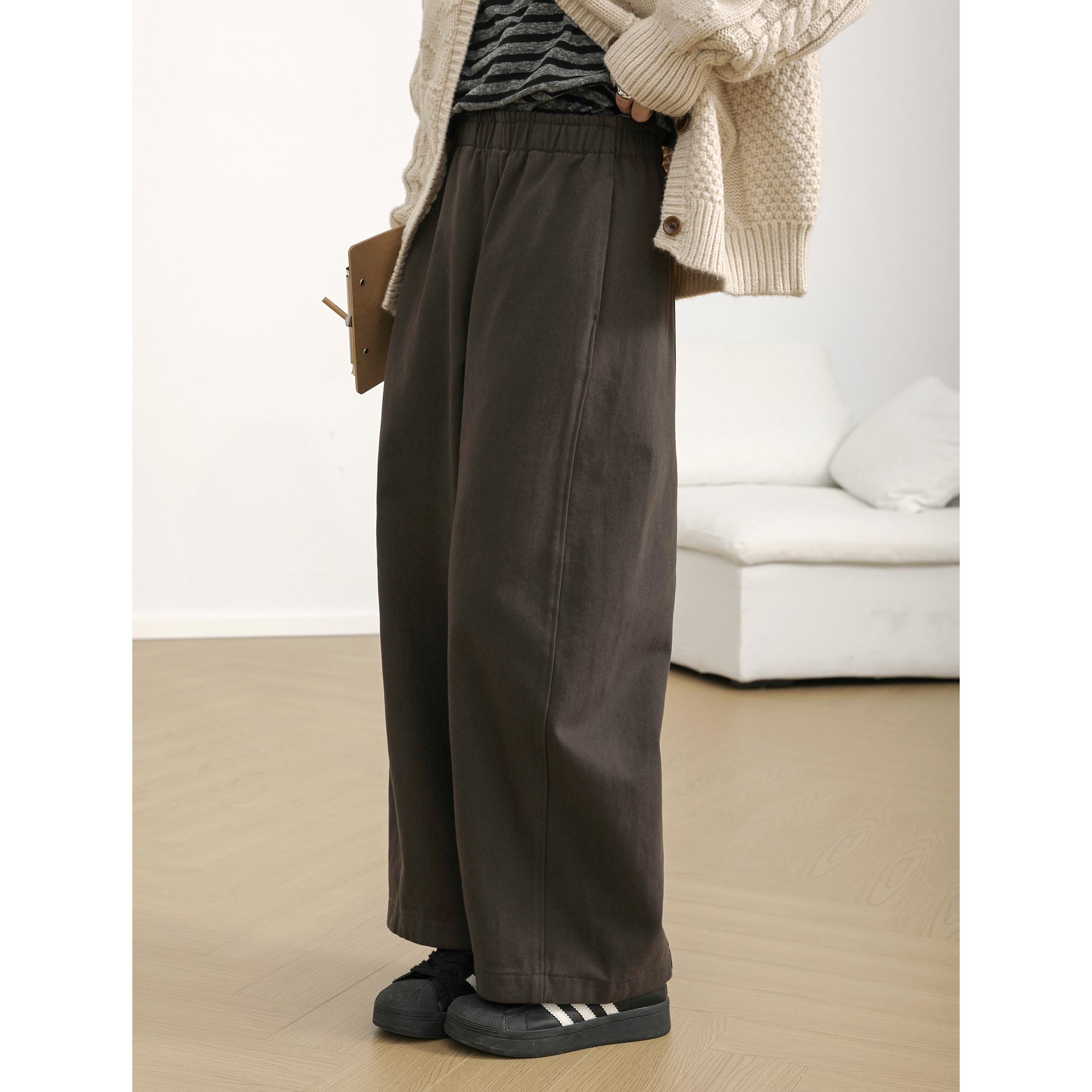 三木社 秋冬新品纯棉高腰抓绒阔腿休闲裤加厚松紧腰百搭裤子主图