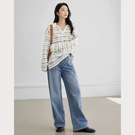 【所有女生的衣橱直播间】对白复古撞色翻领条纹毛衣/质感半身裙