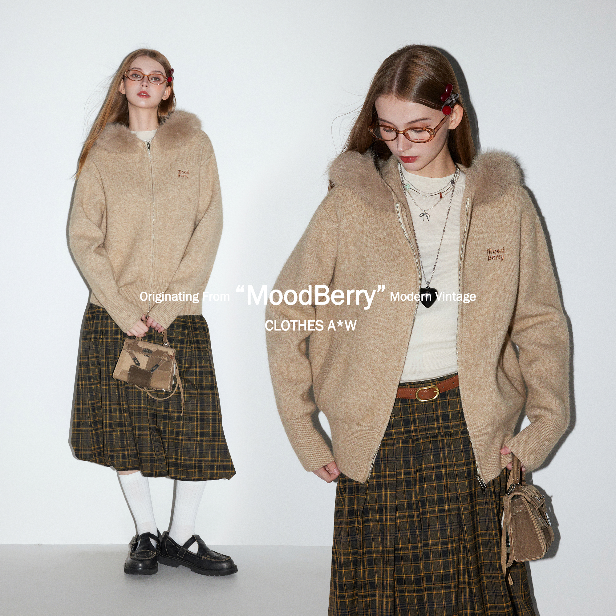 MoodBerry 美式复古连帽毛领针织外套女秋冬慵懒风双拉链毛衣开衫主图