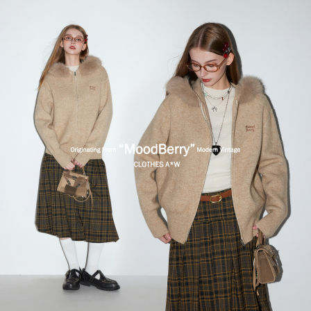 MoodBerry 美式复古连帽毛领针织外套女秋冬慵懒风双拉链毛衣开衫