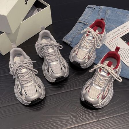 贾不假银色老爹鞋女款2025新款秋冬爆款厚底休闲鞋增高加绒运动鞋