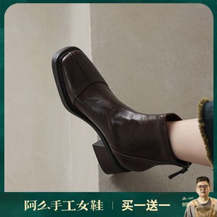 阿么手工女鞋软皮软底方头瘦瘦靴2025新款高级感百搭短靴粗跟6CM