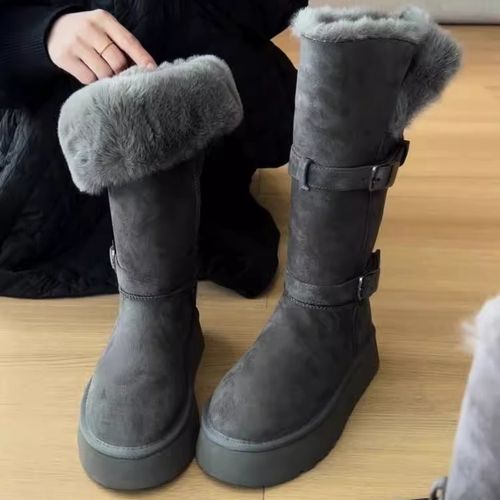 长款雪地靴女高筒灰色2025冬季厚底加绒加厚中长筒雪地棉靴子棉鞋主图