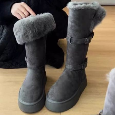 长款雪地靴女高筒灰色2025冬季厚底加绒加厚中长筒雪地棉靴子棉鞋