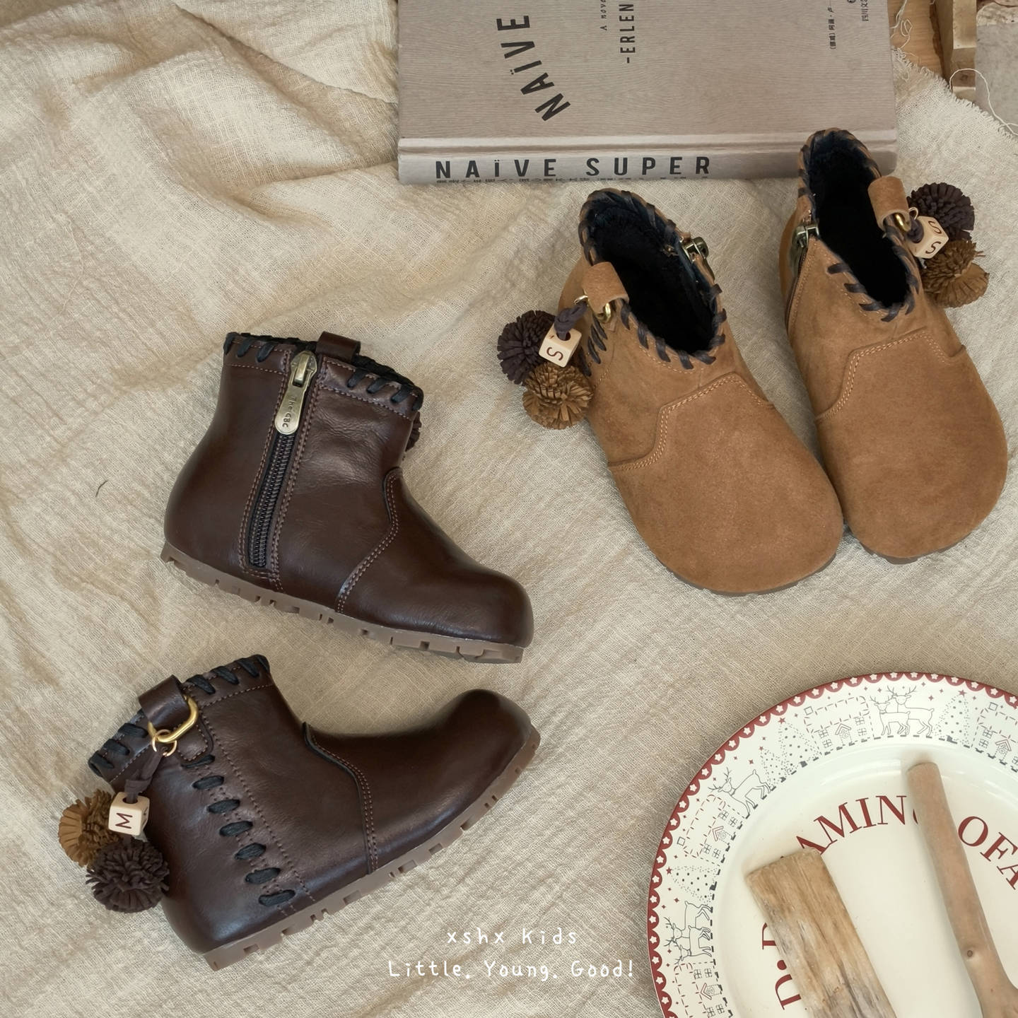 复古手工女童皮鞋加绒秋冬美拉德民族风男童皮靴保暖二棉鞋宝宝靴主图