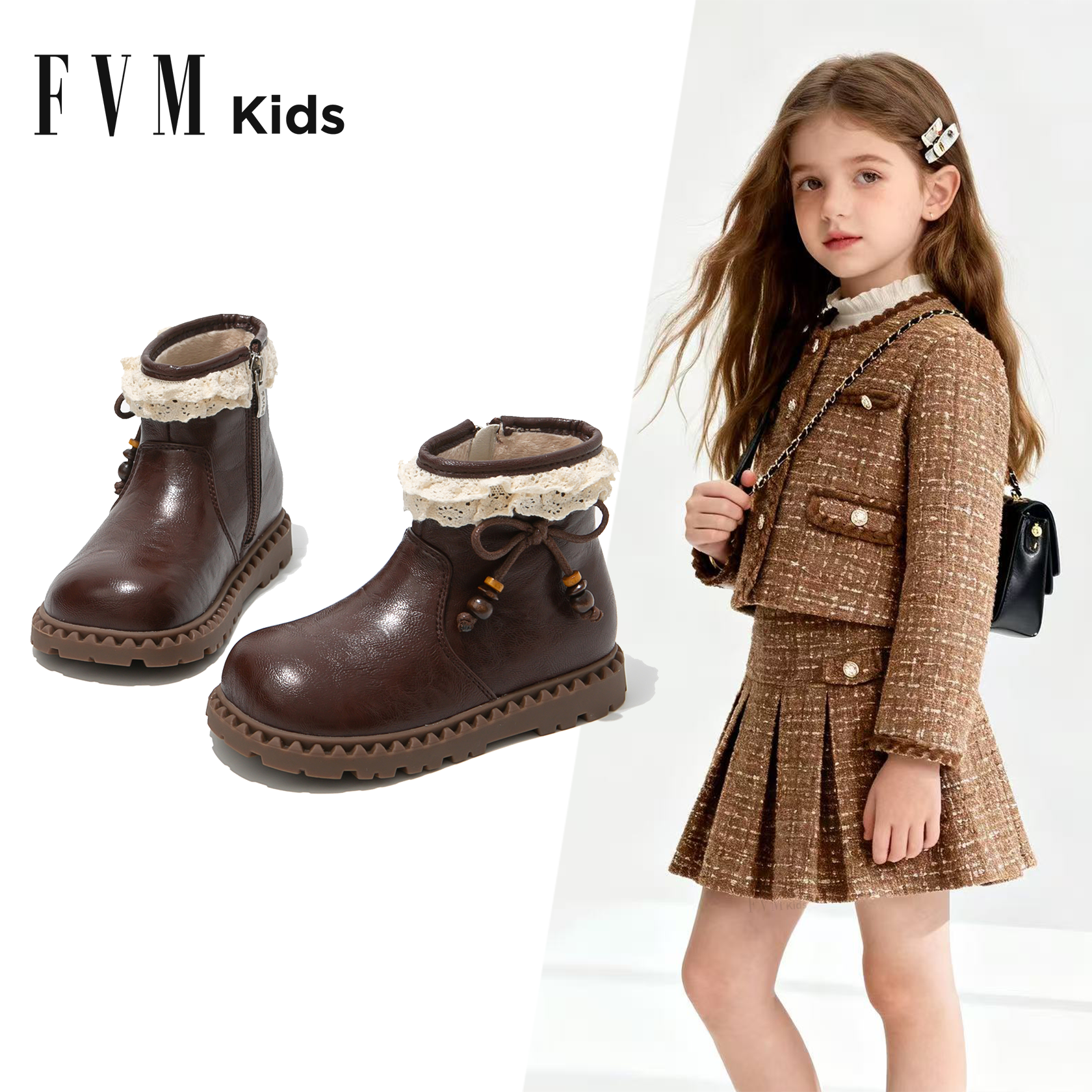 FVM女童靴子儿童马丁短靴2025新款秋冬季加绒女宝宝洋气公主冬靴主图