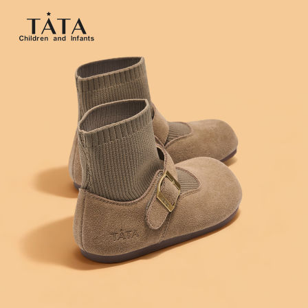TATA童鞋儿童复古短靴2025秋冬新款加绒袜靴女童软底勃肯真皮靴子