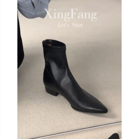 牛皮版~尖头平底短靴女秋冬新款法式小裸靴气质百搭弹力瘦瘦靴子