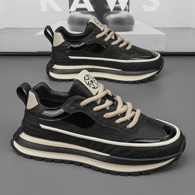 秋季男鞋2024新款百搭跑步运动男士黑色皮面休闲软底阿甘老爹潮鞋主图