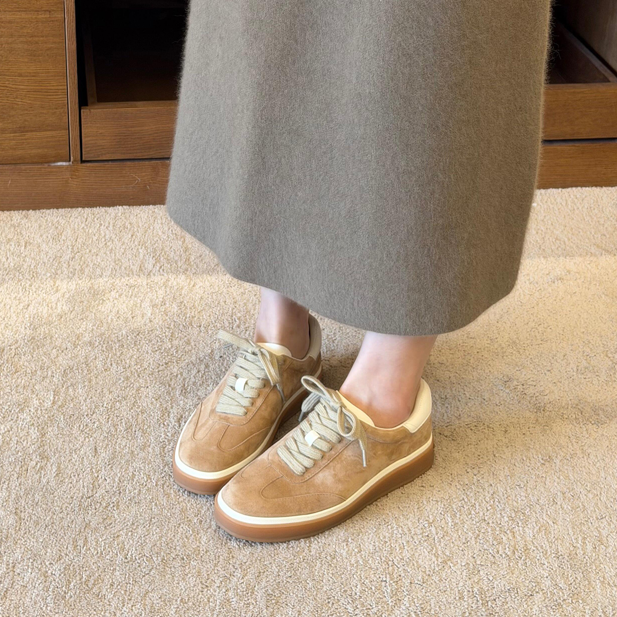 牛皮版~复古老钱风高级感小众休闲板鞋女系带深口厚底时髦德训鞋主图