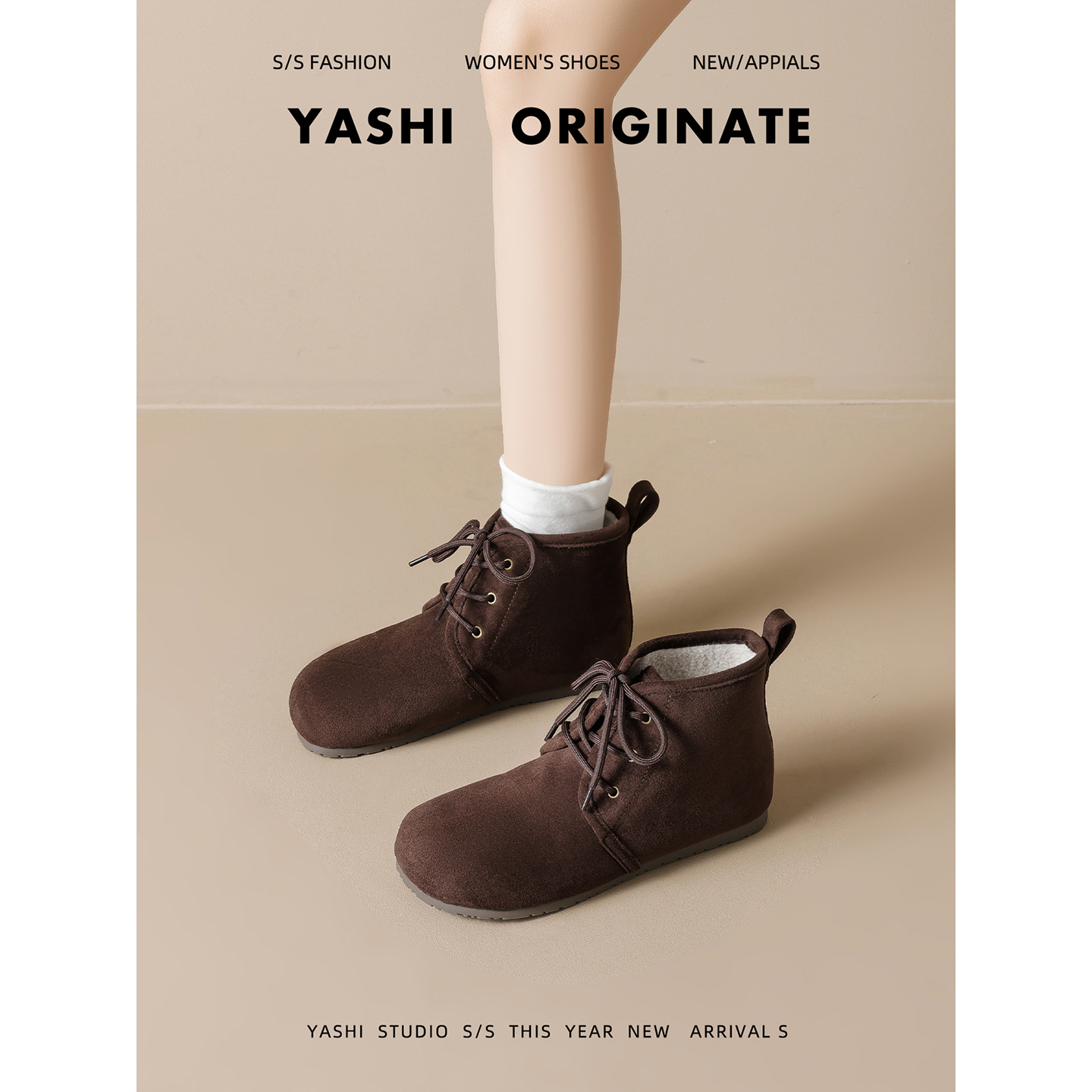 冬季加绒全包雪地靴女款2025系带一脚蹬勃肯鞋圆头平底短筒靴棉鞋主图