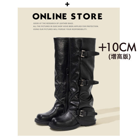 真皮版~10CM内增高小个子长筒靴女冬骑士美拉德褶皱裤管骑士长靴
