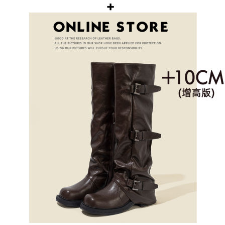 真皮~8CM内增高长筒靴女冬季美拉德褶皱裤管靴棕色皮带扣骑士长靴