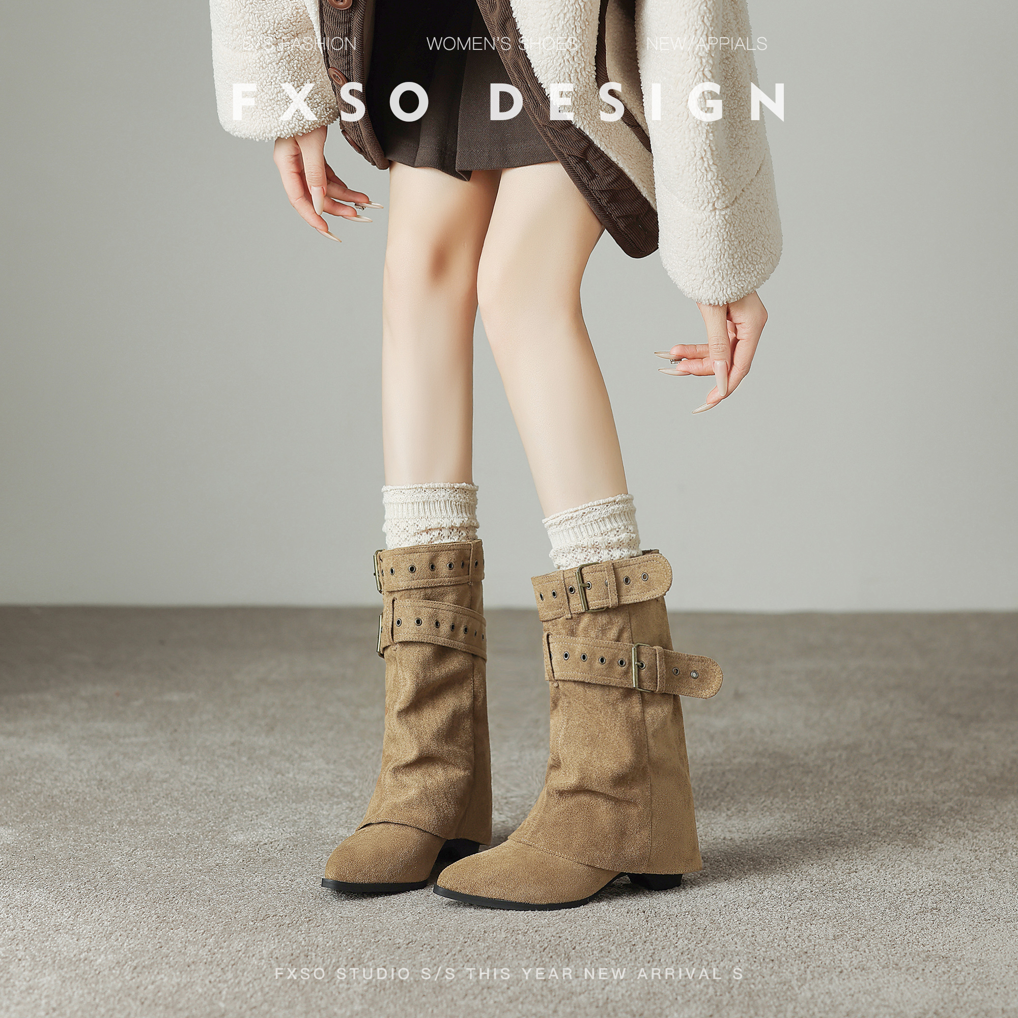 真皮方巷大叔2025秋冬新款尖头厚底骑士靴女尖头皮带扣短筒裤管靴主图