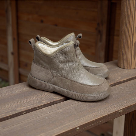 25年新款头层牛皮保暖兔毛短靴女厚底女靴真皮圆头及踝靴女鞋秋冬