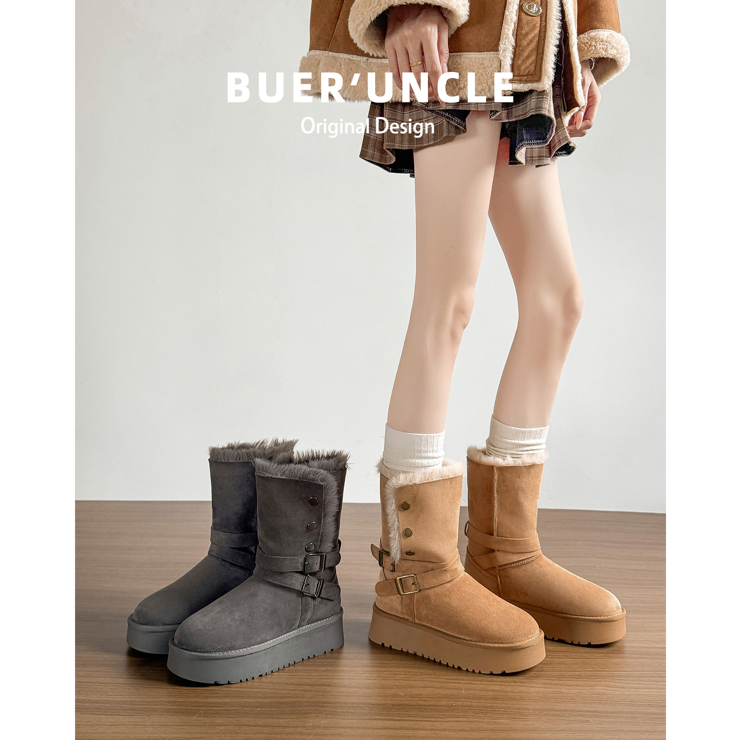 厚底中筒雪地靴女冬季2025新款加厚加绒两穿棉鞋东北厚绒雪地棉主图