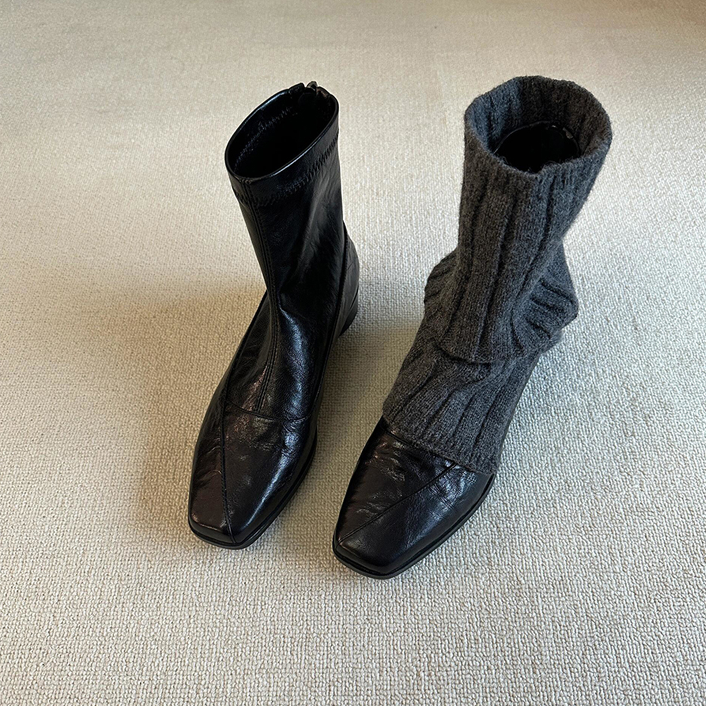 牛皮版~复古弹力瘦瘦靴女方头后拉链显瘦气质通勤短靴粗跟小裸靴主图