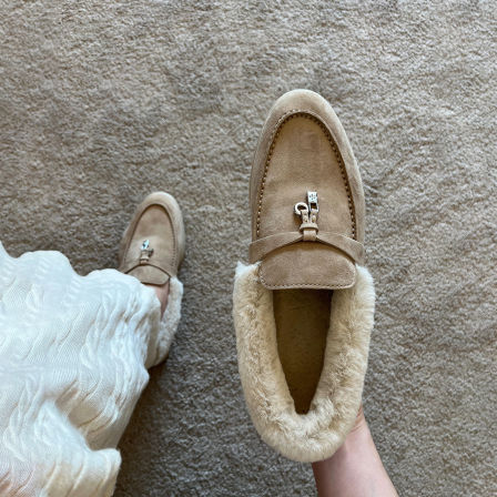 羊皮版~时髦秋冬保暖英伦风流苏扣乐福鞋女加绒毛毛一脚蹬懒人鞋