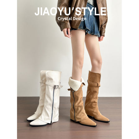 真皮~骄屿羊羔绒雪地靴2025冬季新款加绒保暖长筒靴两穿东北棉鞋