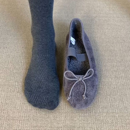 羊皮版~小众一字带超软芭蕾鞋女法式磨砂皮加绒蝴蝶结圆头小单鞋