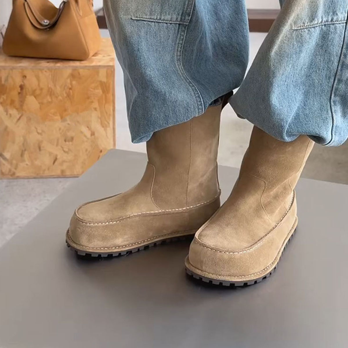 牛皮版~秋冬美拉德厚底防滑雪地靴女复古磨砂皮简约新款加绒棉靴主图