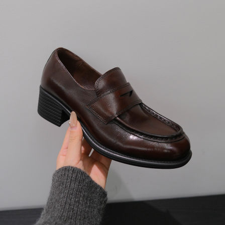 F.M2025新款真皮复古乐福鞋女粗跟一脚蹬小皮鞋百搭中跟单鞋女