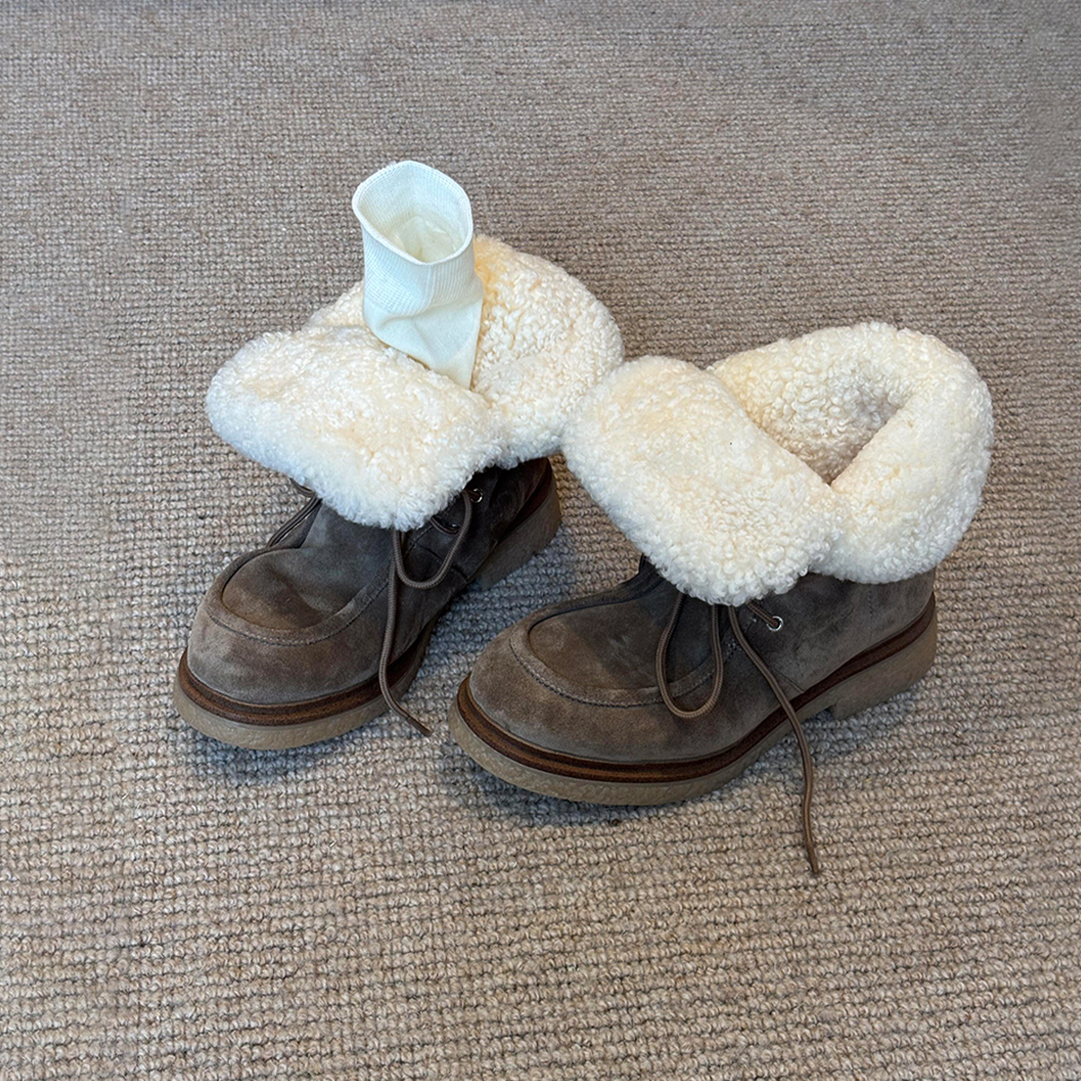 牛皮版~小众重工厚绒保暖马丁靴女复古磨砂皮系带两穿厚底雪地靴主图