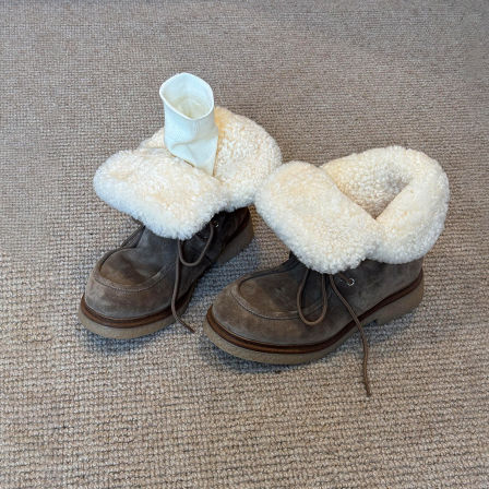 牛皮版~小众重工厚绒保暖马丁靴女复古磨砂皮系带两穿厚底雪地靴