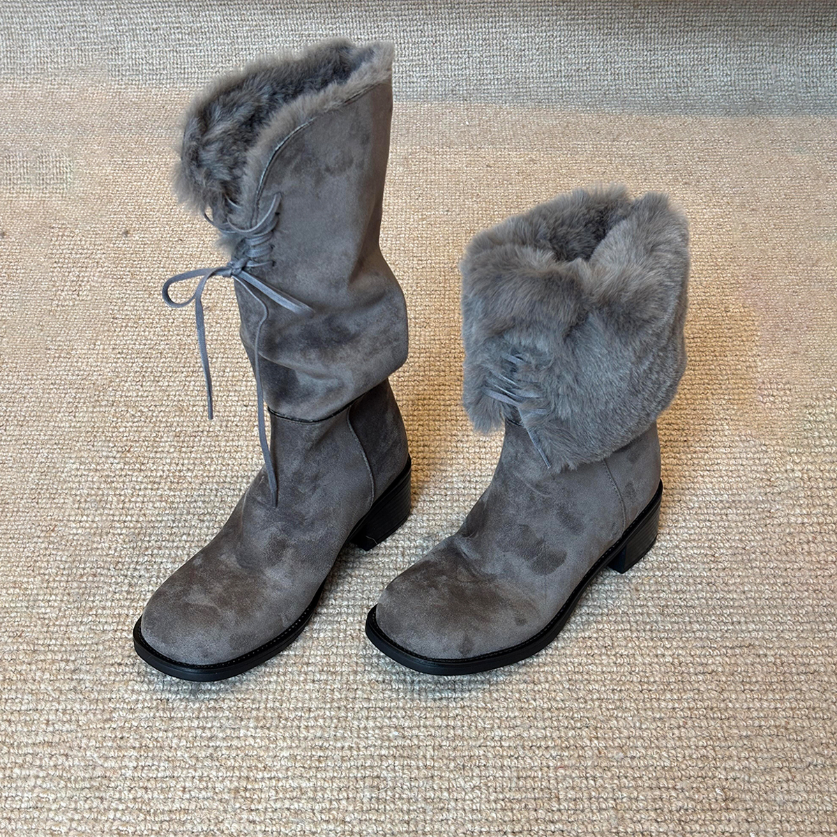 牛皮版~高级感毛茸茸复古长靴女法式绒面绑带两穿小众厚绒雪地靴主图