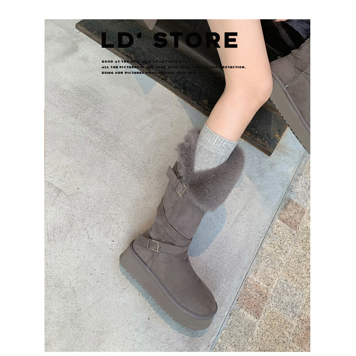 内增高灰色长筒雪地靴女冬季新款交叉扣两穿厚底东北加绒保暖棉鞋主图