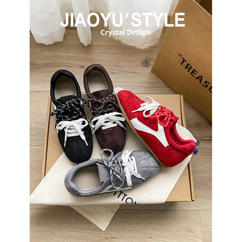 真皮~骄屿5cm内增高红色德训鞋女2025新款复古系带芭蕾休闲阿甘鞋主图