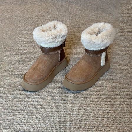 牛皮版~秋冬防滑厚底雪地靴女复古绒面皮带扣皮毛一体保暖大棉靴