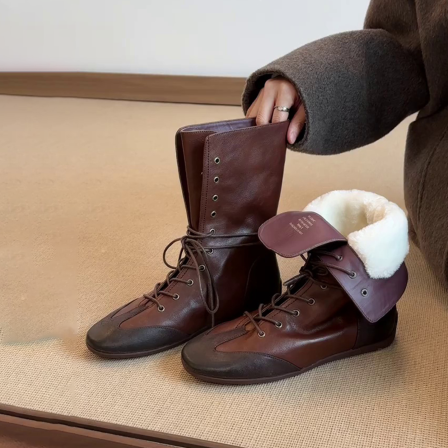 羊皮版~复古小众拼接保暖百搭女加绒中筒绑带设计棉靴冬季时装靴