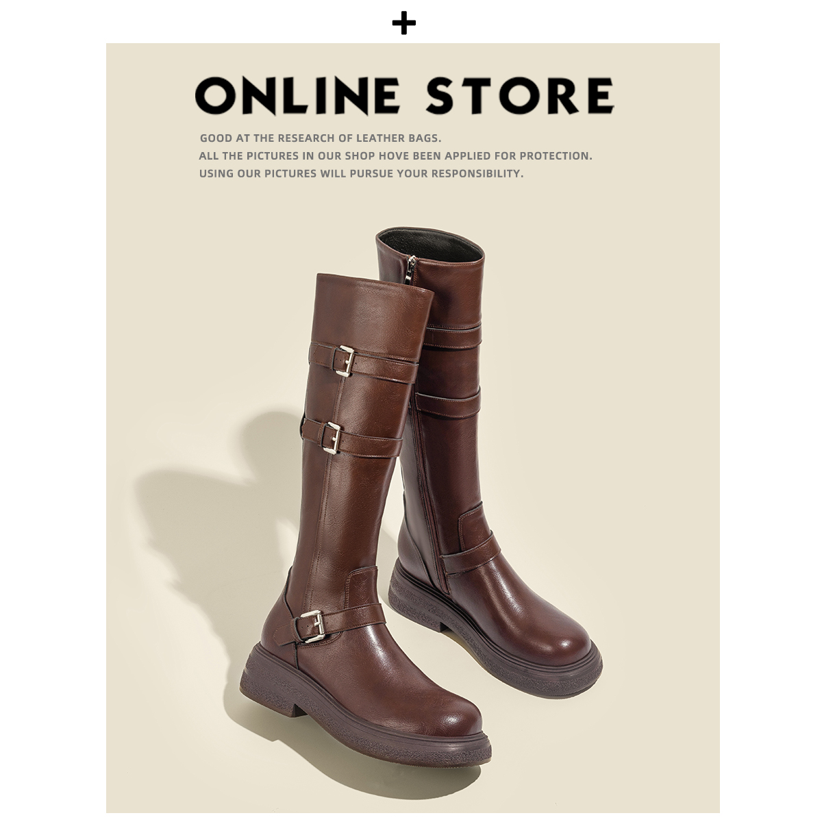 真皮版！美拉德长筒靴女冬季2025新款厚底皮带扣棕色高筒骑士长靴主图