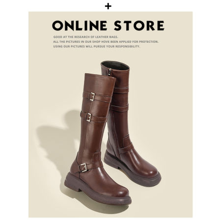 真皮版！美拉德长筒靴女冬季2025新款厚底皮带扣棕色高筒骑士长靴