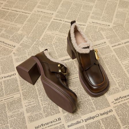 真皮不累脚玛丽珍小皮鞋女棉鞋2025秋冬季加绒保暖高跟乐福毛毛鞋