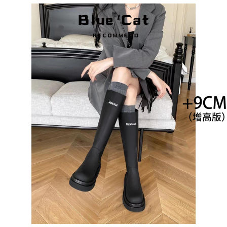 真皮版~9CM内增高长筒骑士靴女秋冬新款加绒黑色不过膝厚底长靴子