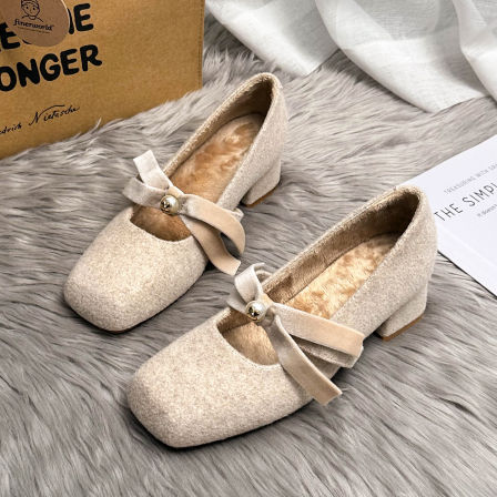 晚晚鞋灰色玛丽珍鞋粗跟配裙子的法式毛毛鞋女外穿加绒秋冬单鞋女